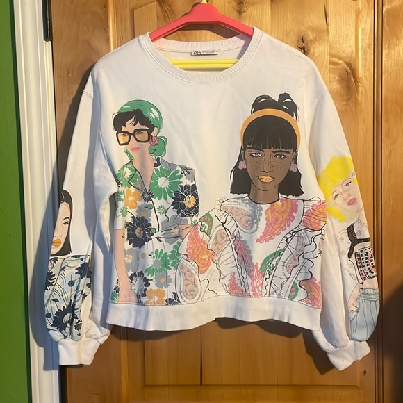 ZARA Blogger Fave Ecru Multi Girls Print Sweatshirt $59.90 EUC S Rare HTF - Picture 13 of 16